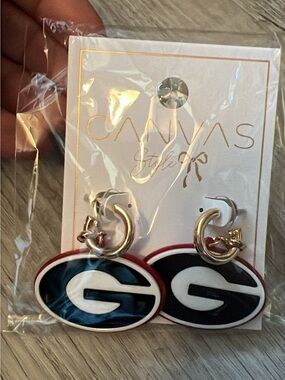 Gold Hoop Earrings with Black and Red G Logo Drops